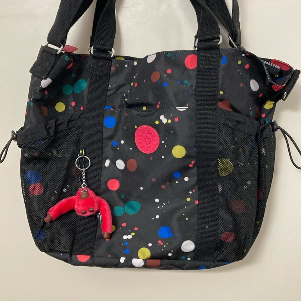 Kipling, large tote, Crossbody strap, rainbow, dots, black, pink monkey